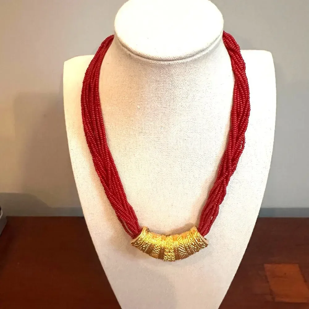 Bollywood Red Beaded Gold Plated Necklace Nepali Mali Wedding Costume Jewelry